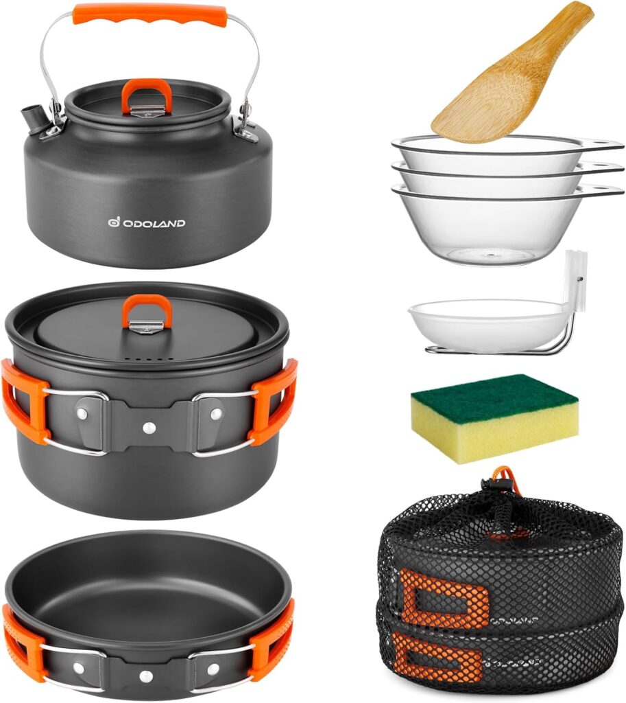Odoland 10-teiliges Camping Kochgeschirr Set mit Topf, Pfanne und Teekanne für Outdoor und Wandern