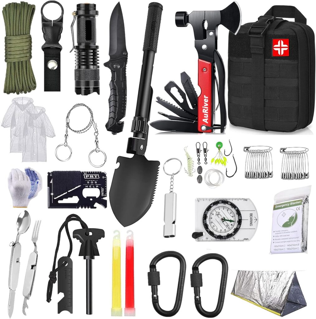 AuRiver 163-in-1 Survival Kit mit Multitool, Messer, Taschenlampe und Angelzubehör